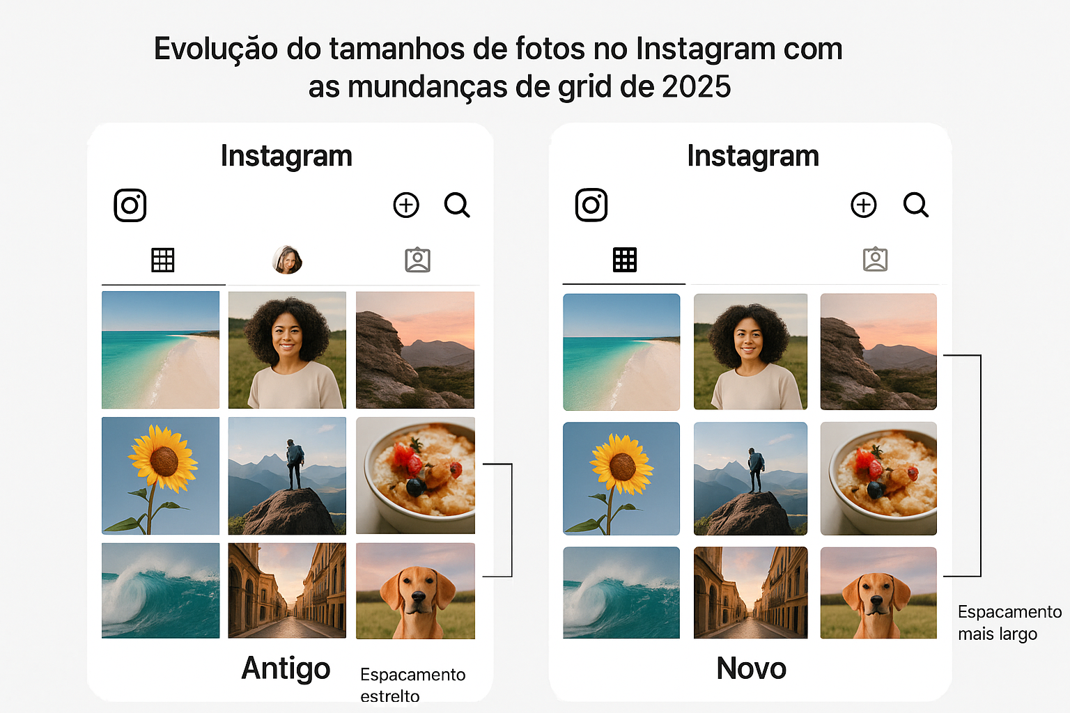 Imagem da evolução da Grade do Tamanho de fotos no Instagram