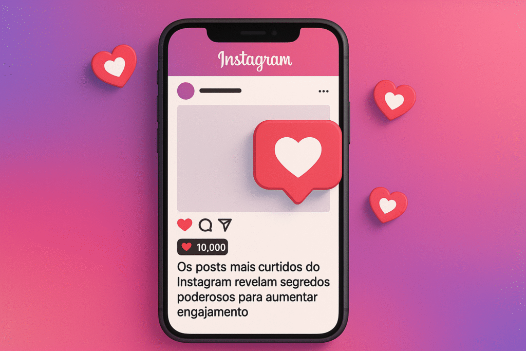 Posts mais curtidos do Instagram em tela de celular com ícones de curtidas