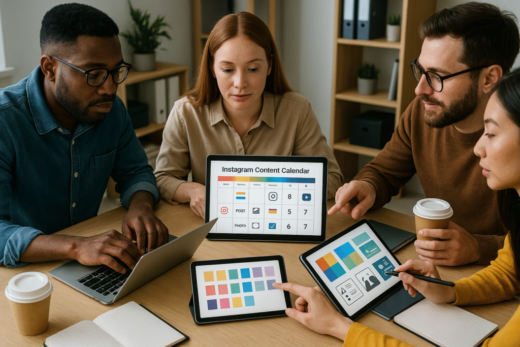 Equipe de criadores de conteúdo exibindo o calendário de conteúdo do Instagram