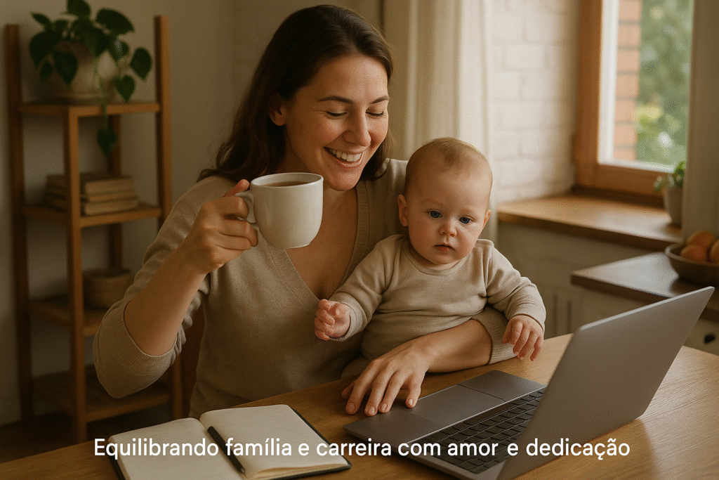 mãe em equilíbrio da vida familiar e profissional em casa