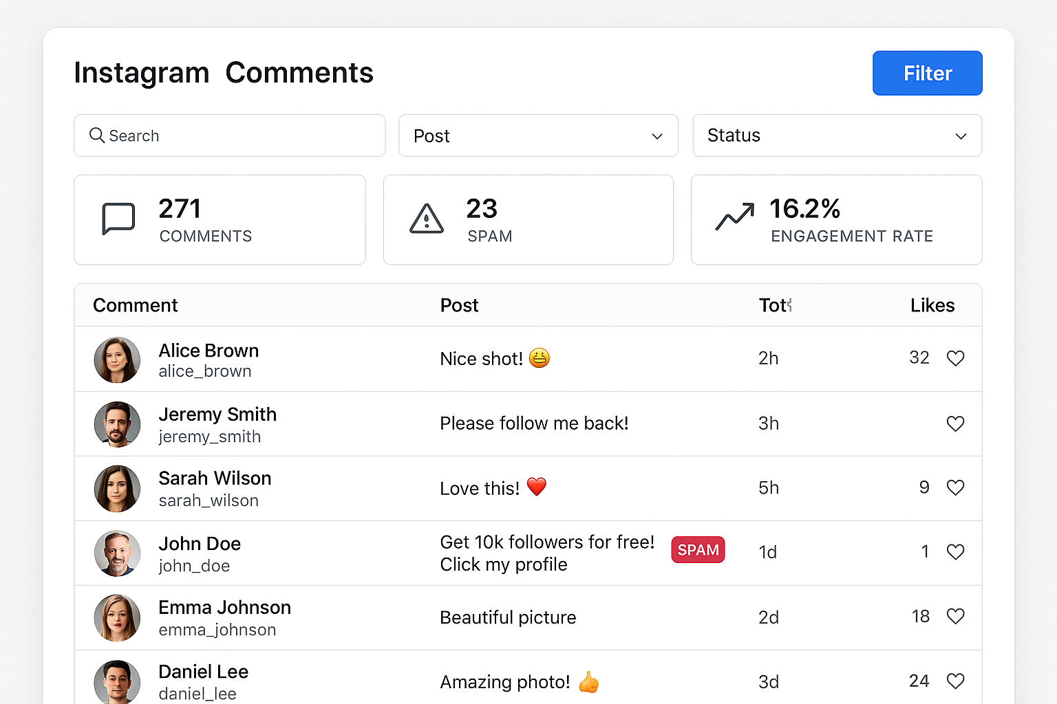 painel de gerenciamento de comentários do Instagram