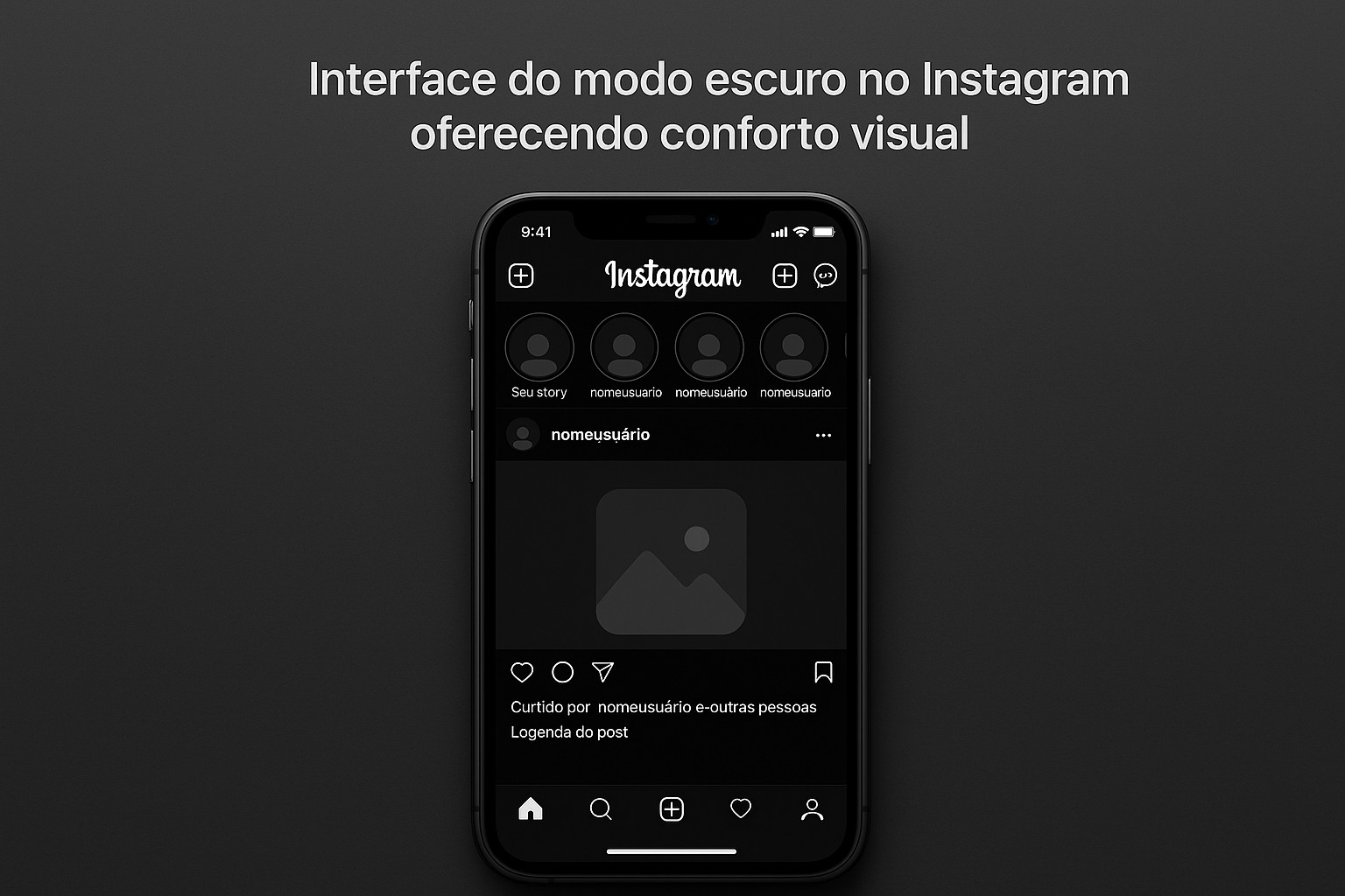 Modo escuro no Instagram em um smartphone com interface escura"