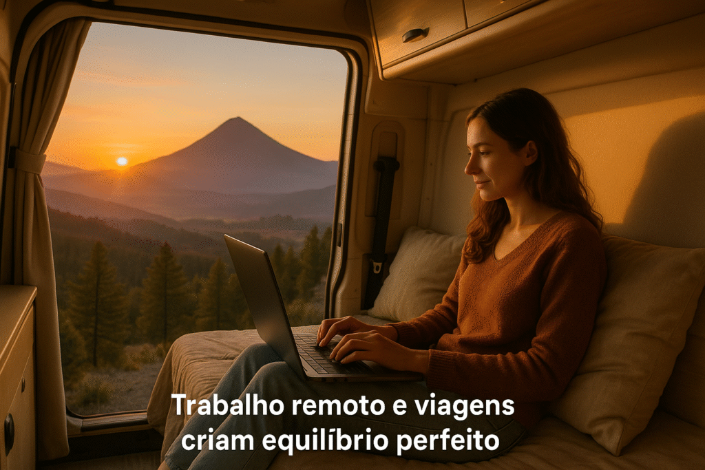 trabalhadora remota equilibrando trabalho e viagem em van