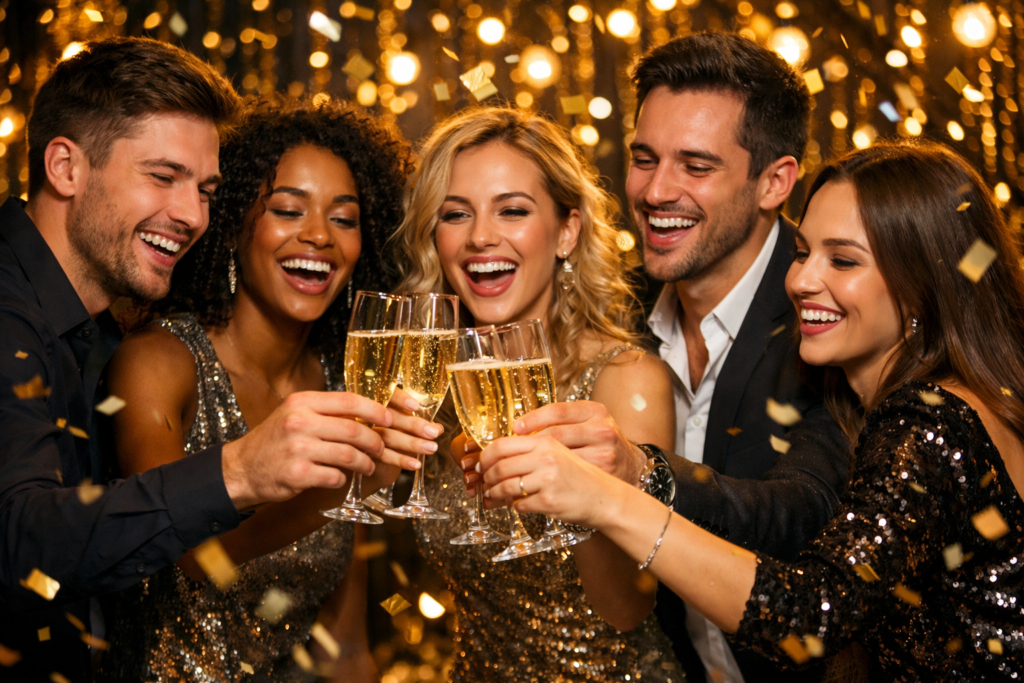 Legendas para réveillon - amigos brindando na virada do ano