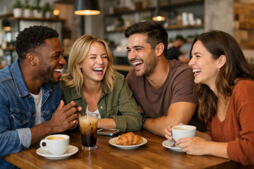 amigos felizes rindo juntos em café