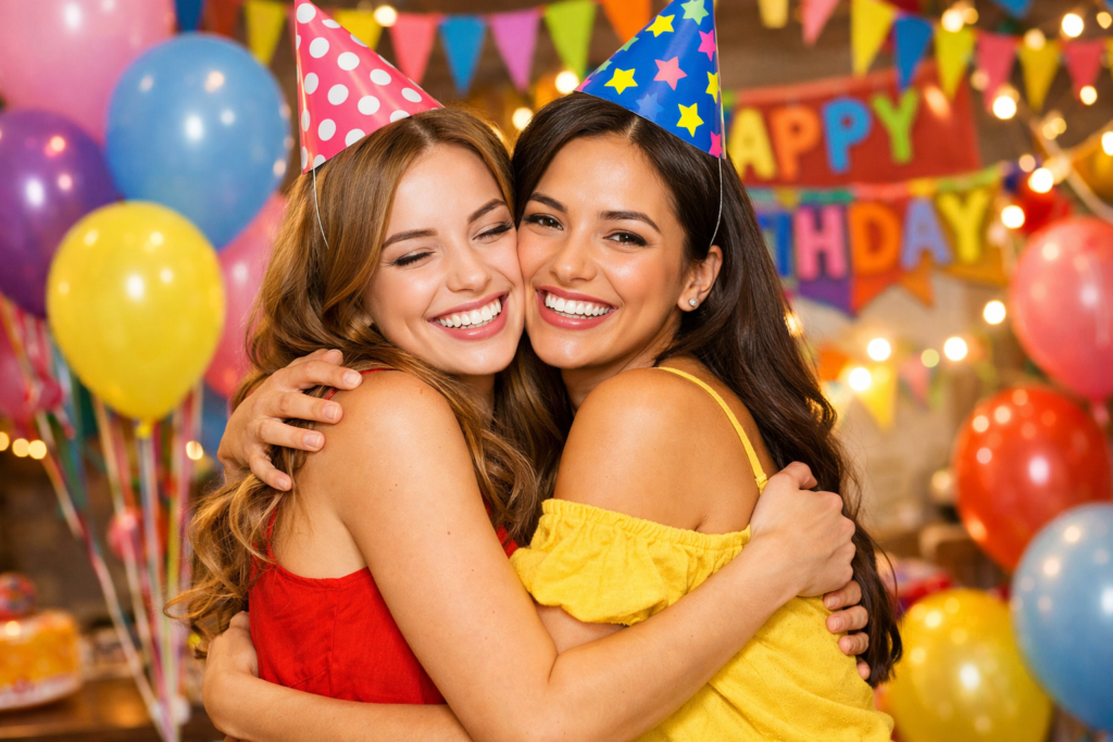 amigas comemorando aniversário com decoração festiva