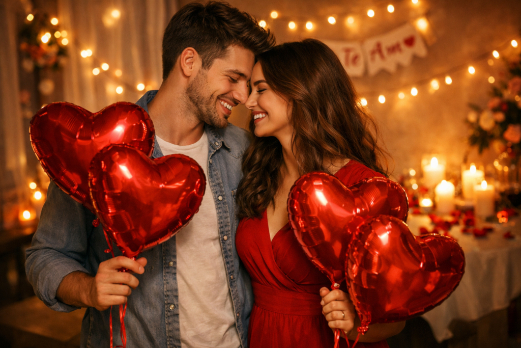 Casal feliz comemorando com legendas para aniversário de namoro com balões de coração
