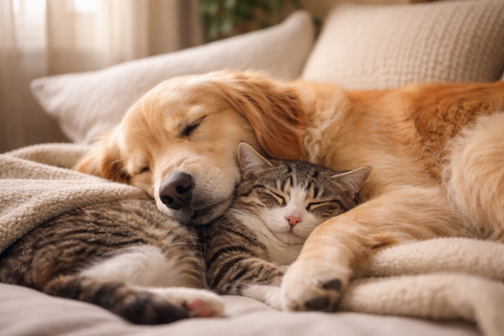 cachorro e gato amigos dormindo