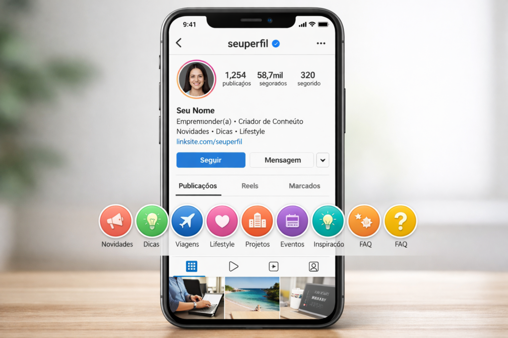 capas de destaques do Instagram organizadas em perfil profissional