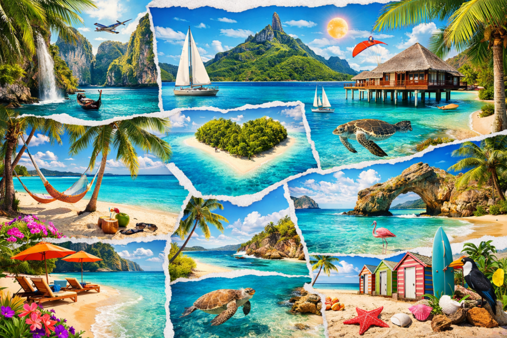 Colagem de praias paradisíacas representando diferentes destinos com legendas para praia específicas