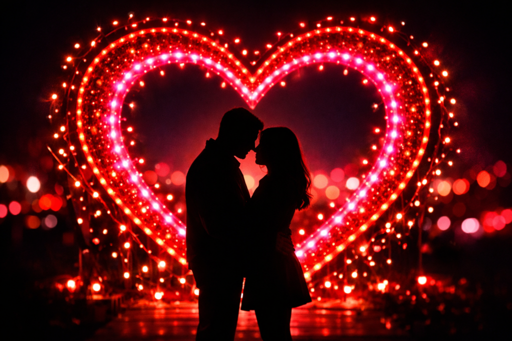 Coração iluminado simbolizando celebração de aniversário de namoro