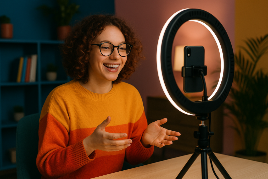 vídeos para Instagram sendo gravados com smartphone e ring light
