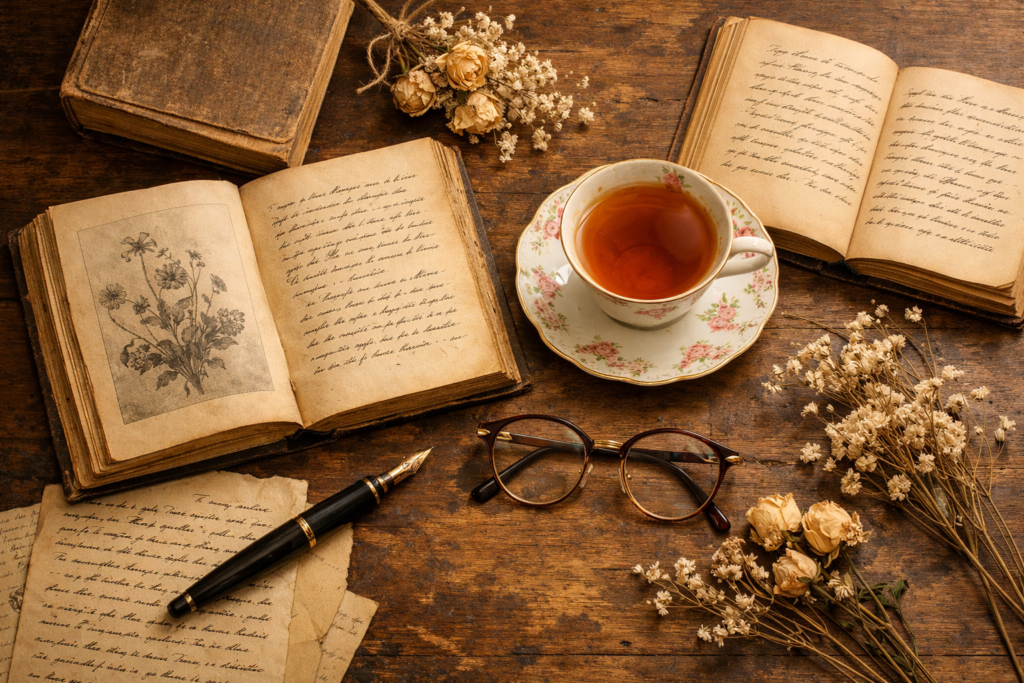 foto vintage instagram livros chá decoração