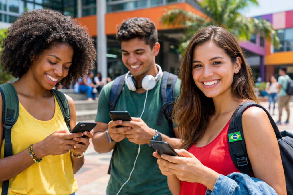 Estudantes usando celular com marketing no Instagram para escolas no campus universitário