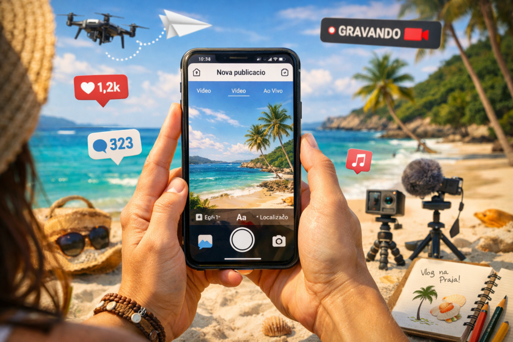 Colagem de praias paradisíacas representando diferentes destinos com legendas para praia específicas