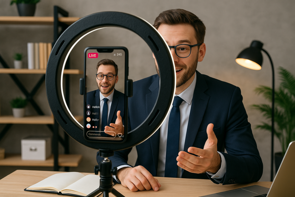 Empresário realizando transmissão ao vivo no Instagram para negócios