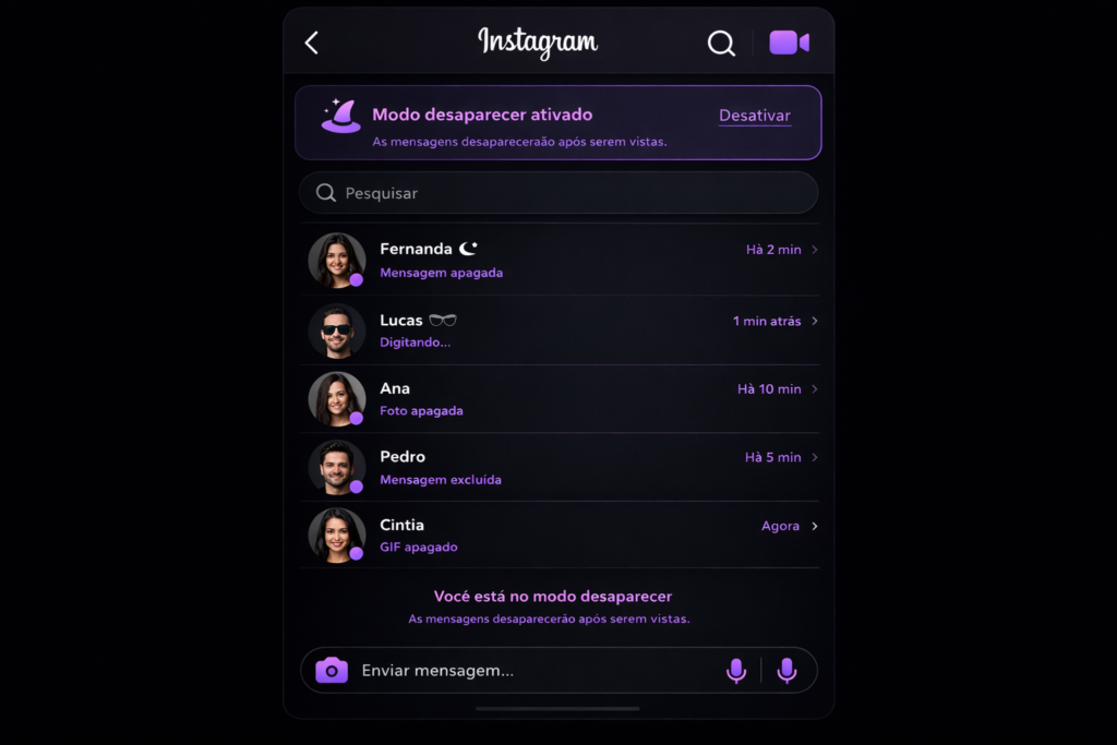 Tela com modo desaparecer no Instagram ativado nas mensagens