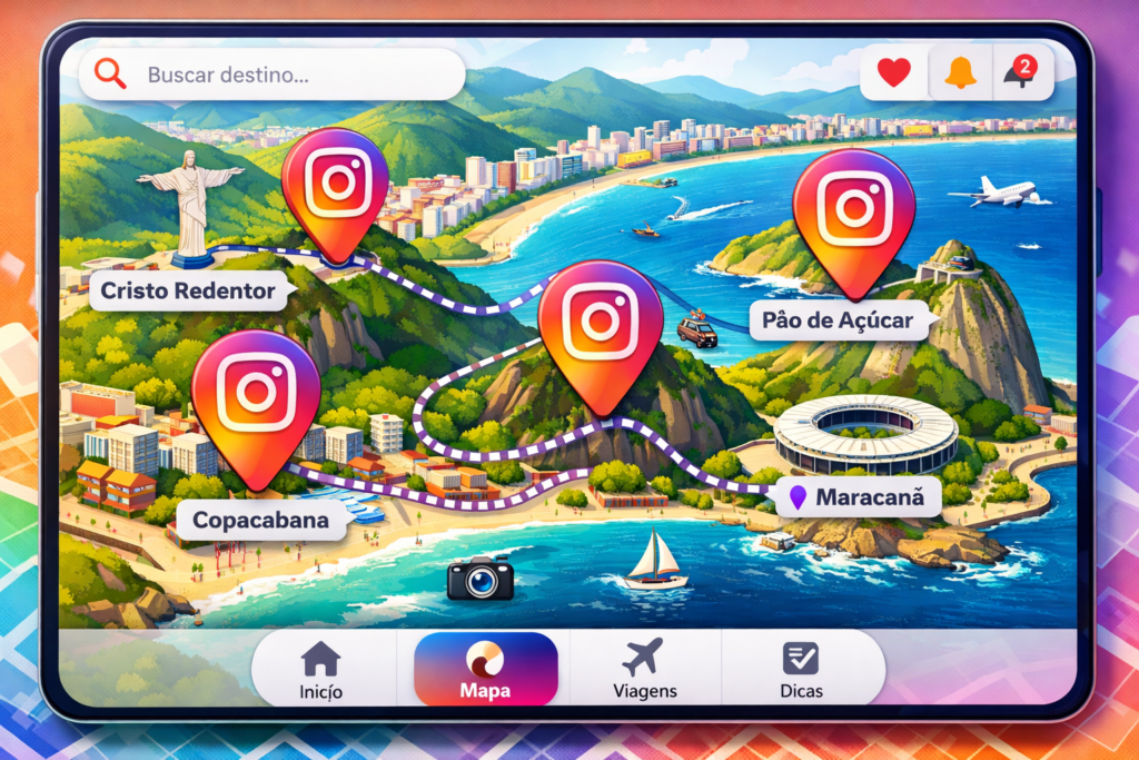 Interface de Guia de Locais do Instagram com múltiplos destinos marcados