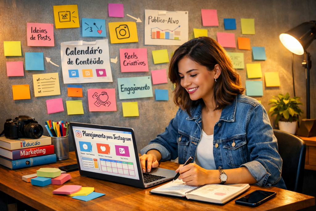 Profissional planejando estratégia de marketing digital educacional