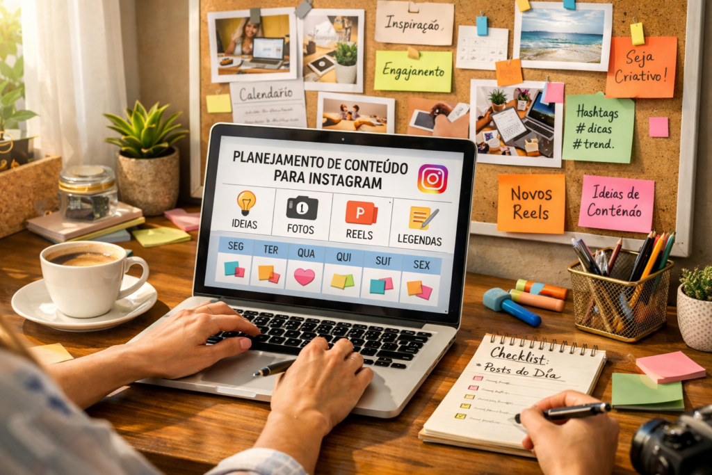 Planejamento de conteúdo para Guias do Instagram com materiais organizados