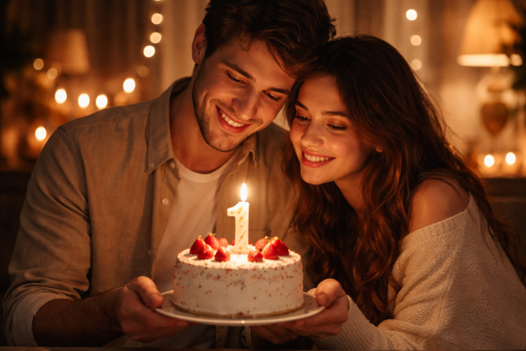 Casal comemorando primeiro ano de namoro com bolo e vela