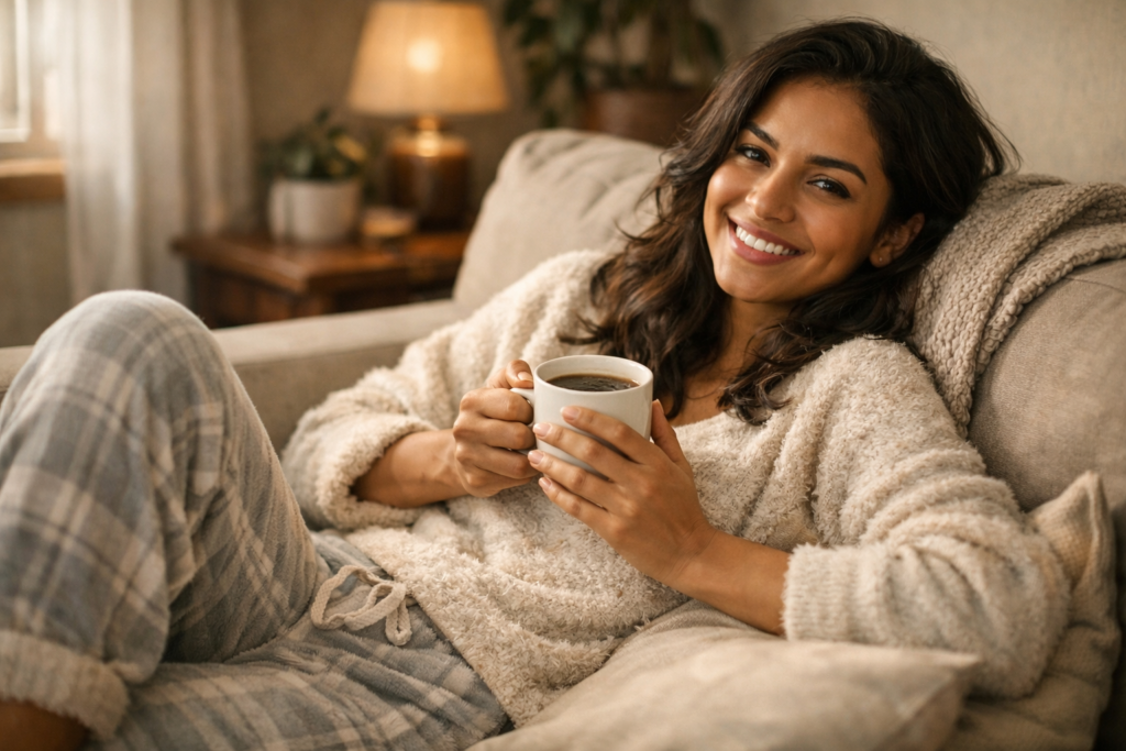 Mulher relaxando no sofá com legendas para domingo preguiçoso