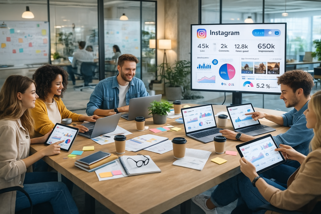 equipe de marketing digital analisando estratégias do Instagram