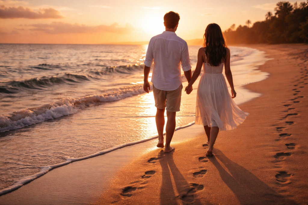 Casal caminhando de mãos dadas na praia ao entardecer, legendas românticas para praia