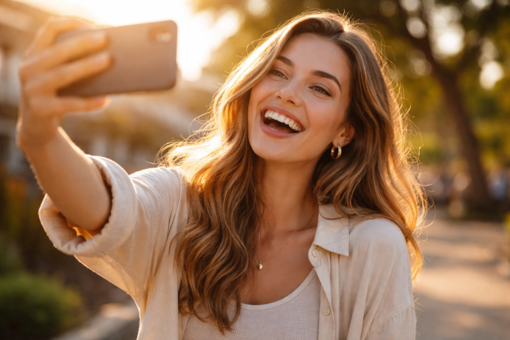 legendas de felicidade para instagram - pessoa sorrindo com celular