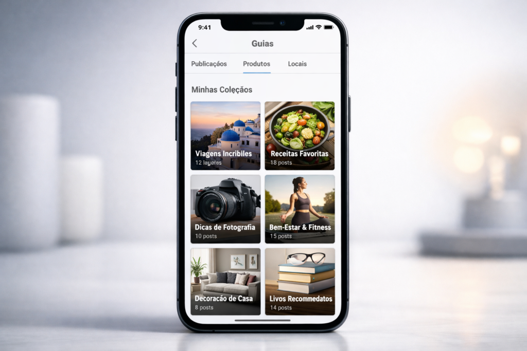 Interface dos Guias do Instagram mostrando coleções organizadas na tela de celular