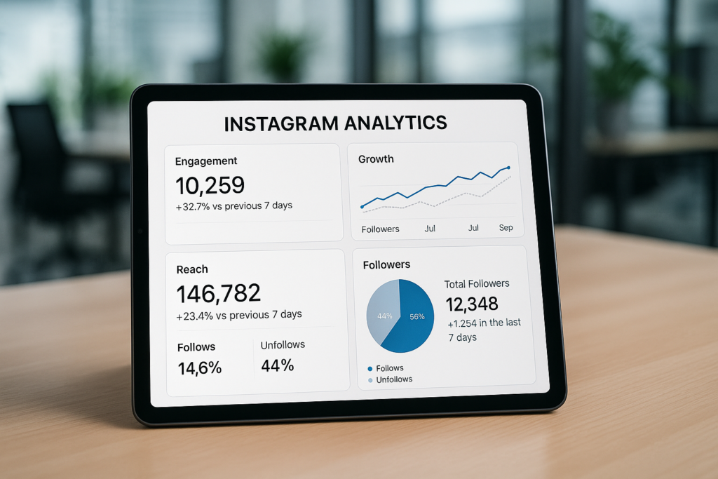 Dashboard de análises do Instagram mostrando métricas de engajamento ao recuperar conta desabilitada do Instagram