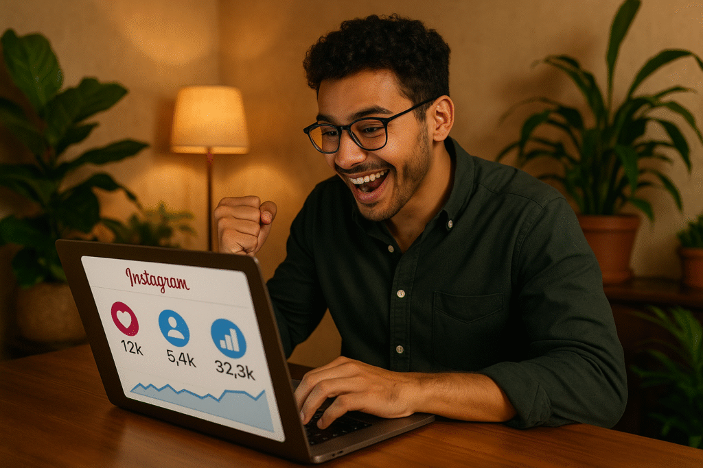 celebração de sucesso ao conferir as análises do Instagram