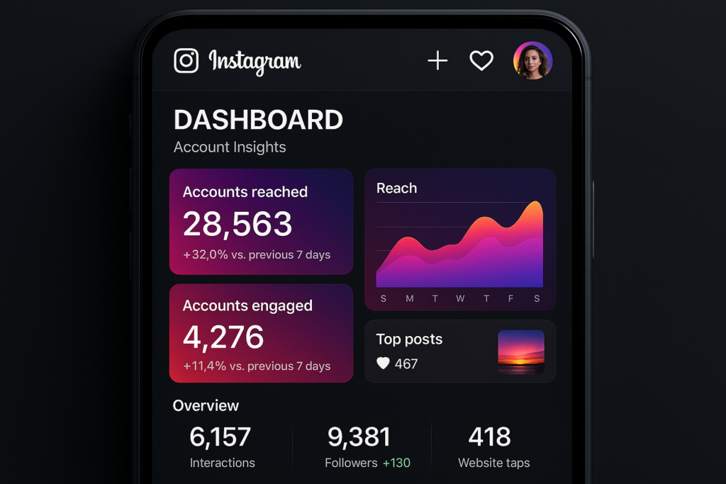 Dashboard de conta comercial no Instagram com métricas e analytics