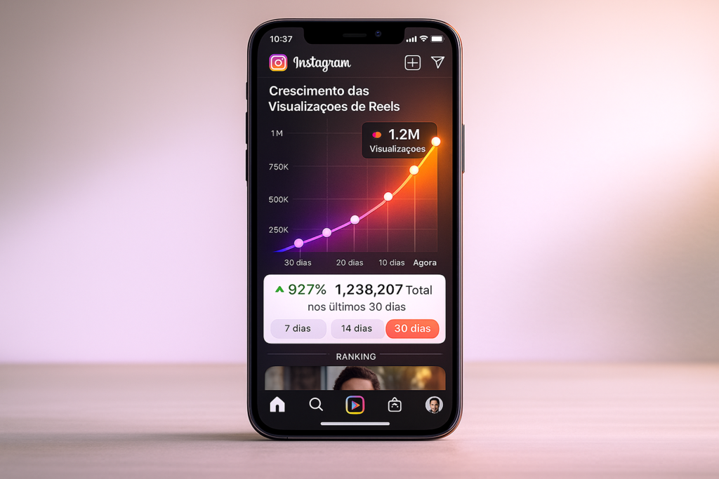 Tela de smartphone mostrando o aumentar visualizações de Reels Instagram