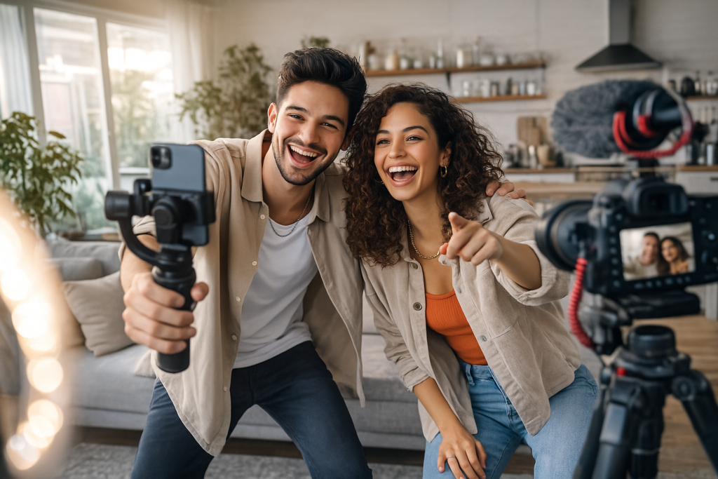 Criadores de conteúdo colaborando em gravação de reel para Instagram