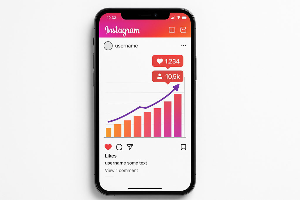 Estratégias de promoção no Instagram mostradas em smartphone com métricas de crescimento