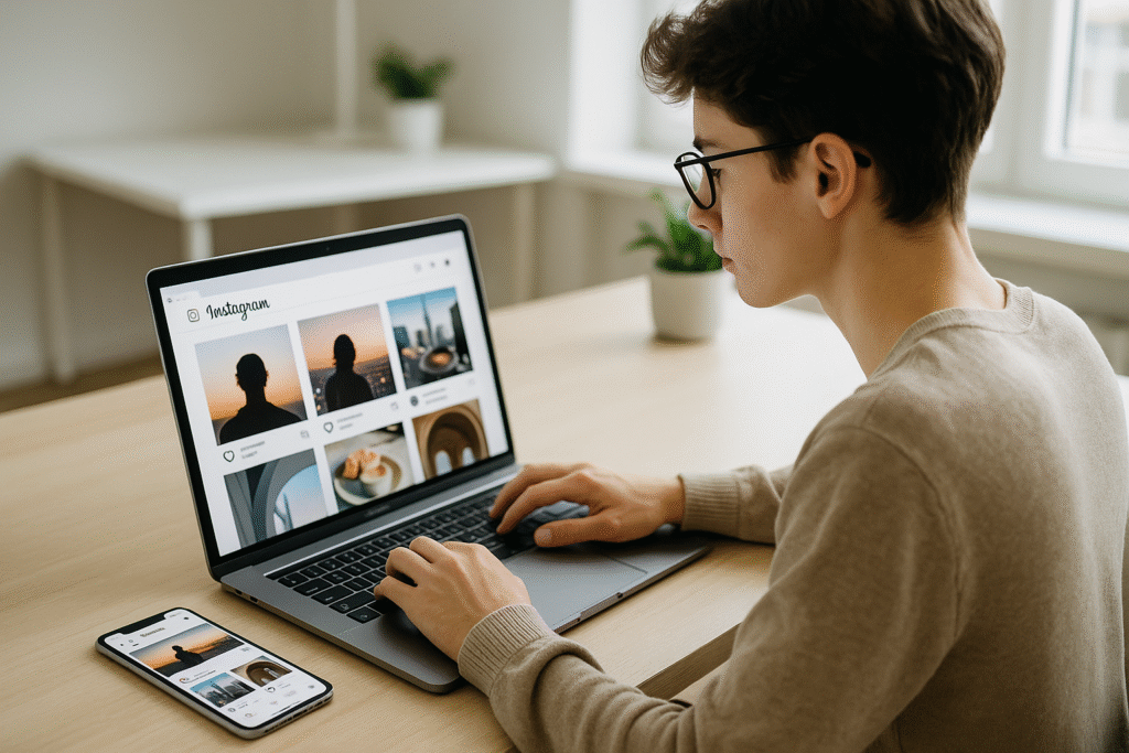 Pessoa usando ferramentas de conteúdo para Instagram no computador