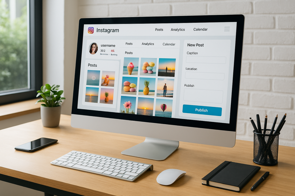 Computador desktop com interface de gerenciamento de conta comercial no Instagram