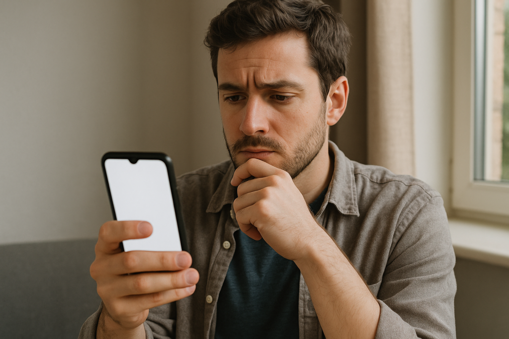 Pessoa pensando em ideias de posts para Instagram enquanto segura smartphone