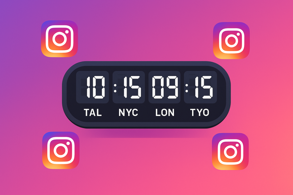 melhor horário para postar no Instagram com relógio e ícones de redes sociais