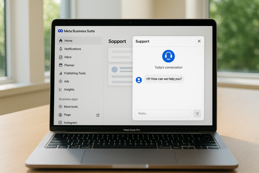 Interface do Meta Business Suite em laptop para suporte