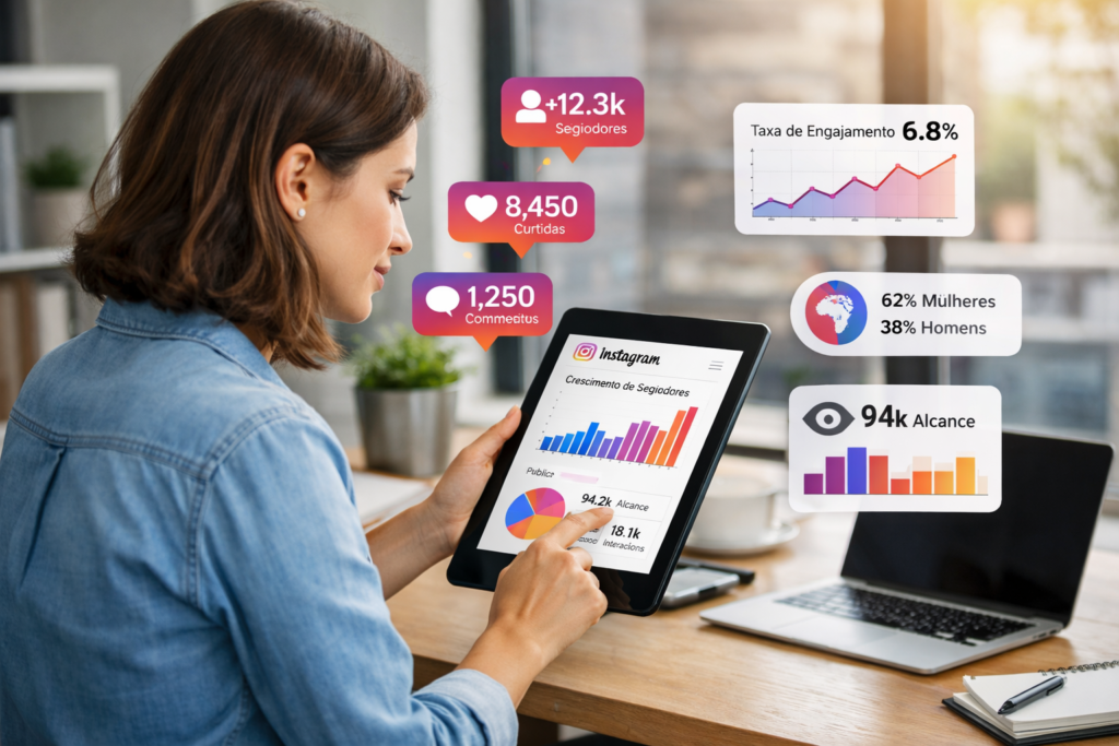 Profissional usando ferramentas de análise do Instagram grátis em tablet
