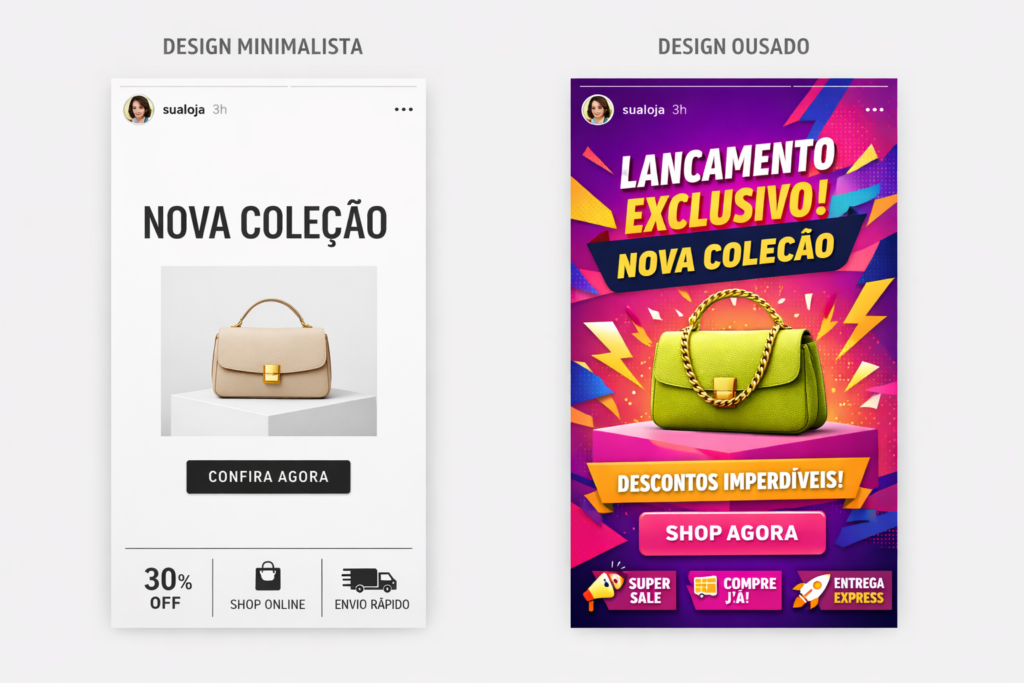 Exemplos de design minimalista e ousado para Instagram Stories de marcas