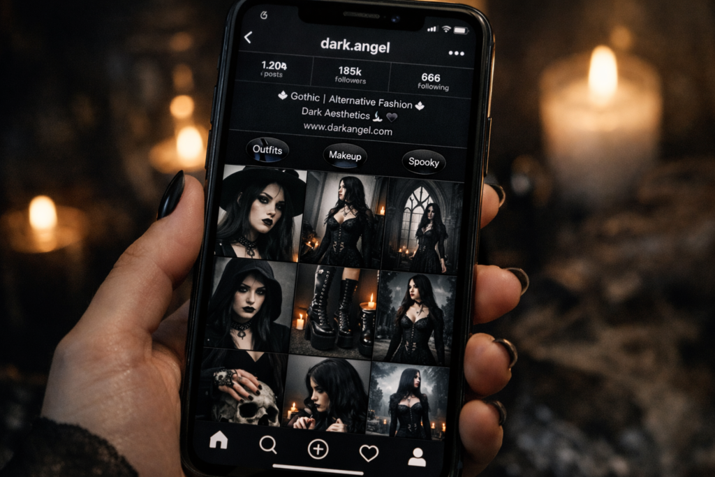  Tela de celular mostrando feed de estética gótica no Instagram