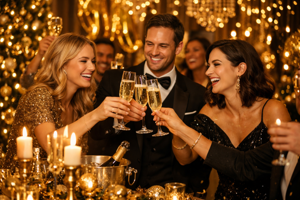 Festa de fim de ano com decoração dourada e pessoas celebrando