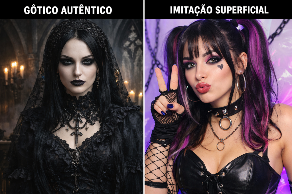 Comparação visual mostrando diferenças entre estilo gótico autêntico e superficial
