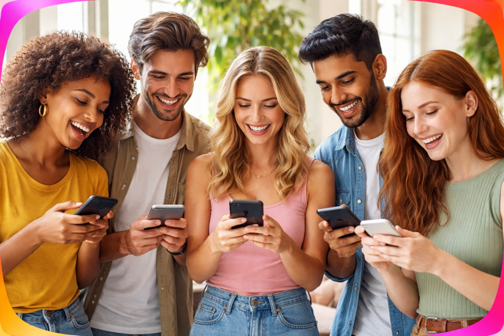 Pessoas interagindo com Instagram representando benefícios de repostar conteúdo