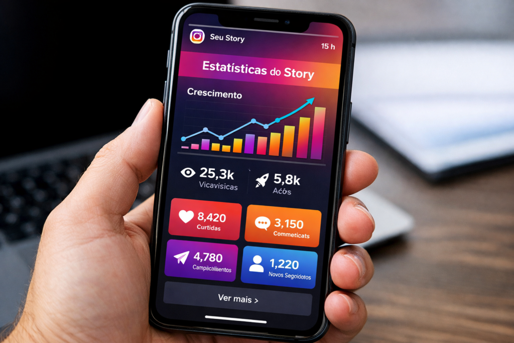 Smartphone exibindo Instagram Stories para marcas com métricas de crescimento