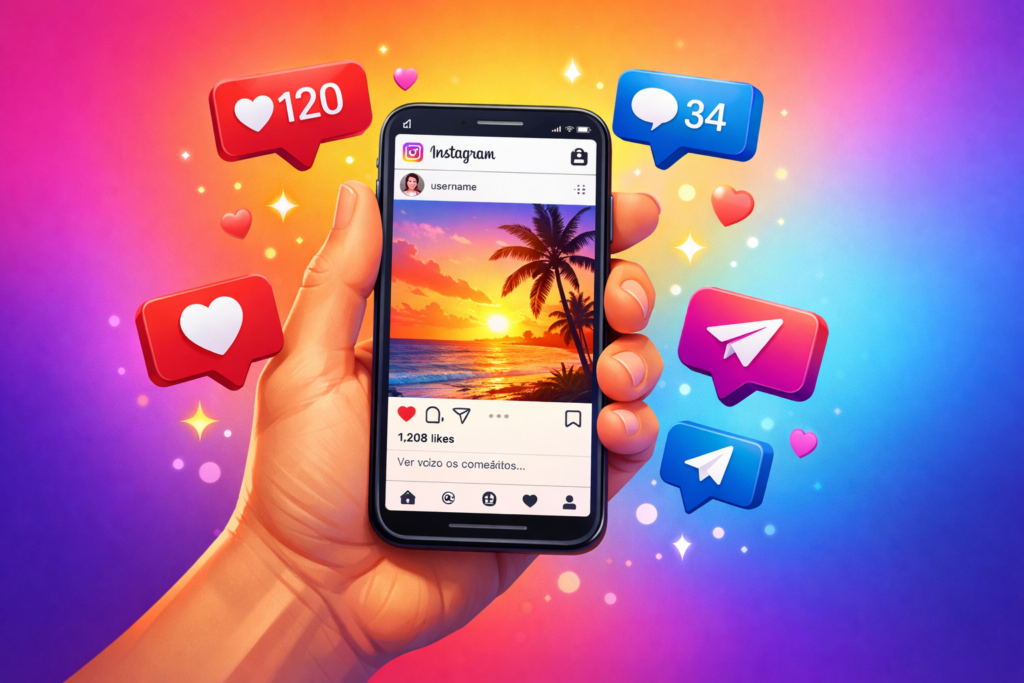 Marketing no Instagram com smartphone mostrando engajamento