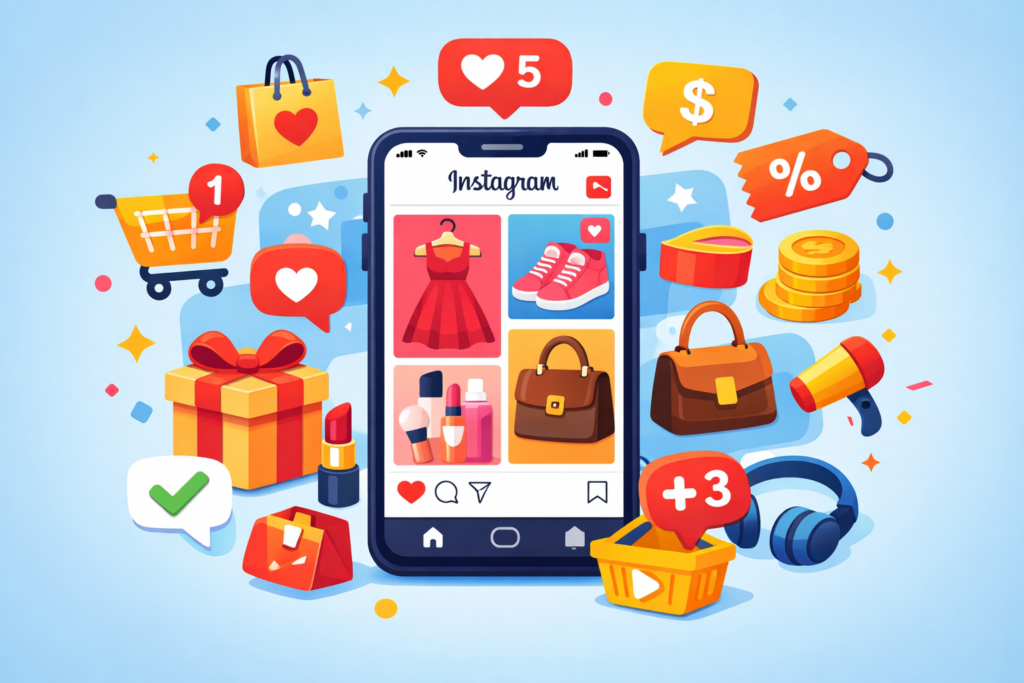 Tutorial visual sobre como vender no Instagram com produtos diversos